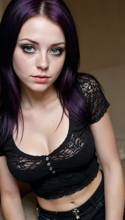 Emo girl, extremely busty, very busty, gorgeous emo girl wearing snug clothing accentuating her big and sexy assets, extremely sexual curves, tiny waist, microwaist, large bust. Sensual Emo female body, body covered in a clear liquid. Long black hair framing a cute freckled face, very long straight flat hair, freckled face, freckled cheeks, beautiful freckles. Green eyes, colorful green eyes with a sensual vibe. Black and purple colored clothing with lots of lace Tshirt with lace, early 2000's emo attire, wearing emo clothing from the early 2000's. Full body view.