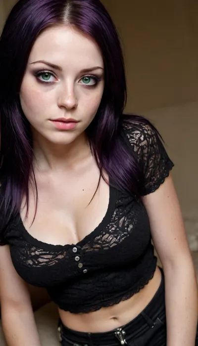 Emo girl, extremely busty, very busty, gorgeous emo girl wearing snug clothing accentuating her big and sexy assets, extremely sexual curves, tiny waist, microwaist, large bust. Sensual Emo female body, body covered in a clear liquid. Long black hair framing a cute freckled face, very long straight flat hair, freckled face, freckled cheeks, beautiful freckles. Green eyes, colorful green eyes with a sensual vibe. Black and purple colored clothing with lots of lace Tshirt with lace, early 2000's emo attire, wearing emo clothing from the early 2000's. Full body view.