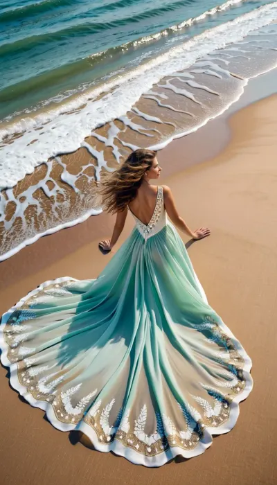 Hyperrealistic photography – Aerial view, A young woman with delicate, ethereal features lies gracefully on the sea foam on a golden sandy beach. She wears an elegant white silk dress with intricate silver embroidery. The sea foam beneath and around her forms a perfectly symmetrical butterfly pattern, blending naturally with the movement of the shimmering blue-green ocean waves and seamlessly melting into the sand. Her long, curly brown hair fans out across the foam. Soft, natural light, rich in detail, inspired by femininity and nature.