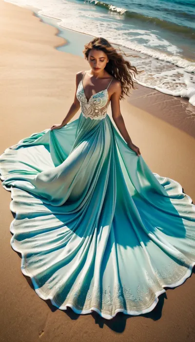 Hyperrealistic photography – Aerial view, A young woman with delicate, ethereal features lies gracefully on the sea foam on a golden sandy beach. She wears an elegant white silk dress with intricate silver embroidery. The sea foam beneath and around her forms a perfectly symmetrical butterfly pattern, blending naturally with the movement of the shimmering blue-green ocean waves and seamlessly melting into the sand. Her long, curly brown hair fans out across the foam. Soft, natural light, rich in detail, inspired by femininity and nature.