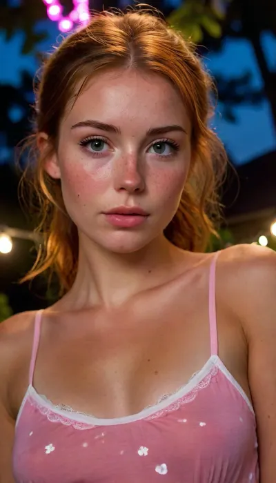 25 year old woman, petite waist, looking at viewer, lovely face, thin waist, accurate picture, extremely slim waist, 4k, ultra hd, full HD, correct anatomy, correct body proportions, inside English cottage, (Muscular:.5), big hips, perfect_body, wearing a loose neon pink long nightie Hawaiian print. Auburn hair in loose bun, visible freckles, moles and skin details, directly facing the camera viewed from below. Relaxed soft pose. She stands in the cottage garden, it is nighttime. She’s illuminated by a fairy lights and other garden lights. She is slim and sexy, fully clothed. Sun kissed skin, tan lines, she is very sweaty, skin is glistening., <lora:Midjourney Image Enhancer XL v1:1.5>, <lora:bralessSDXL_v1_00022:2>, <lora:igbaddie-XL:.7>, <lora:CinematicStyle_v1:.3>, extremely close-up view