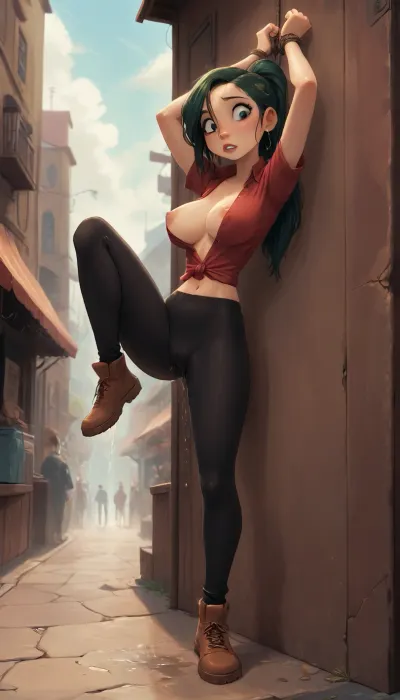 (Jack cayless art style), milf, 35 y.o. green hair, heir tied up ponytail, one leg up, (huge squirting), a lot of squirt, huge squirt, undercut hairstyle, exposed breast, big boobs, hot pants, (cameltoe), wetting her pants, squirting in wet pants, full body view, public, (cartoon), tooned, cartoon, low color palette, painted, illustration, made in illustrator, no gradients, incase style, concept, retro, futuristic, flat colors, masterpiece, <lora:add-detail-xl:2>, <lora:princess_xl_v2:.8>, <lora:DetailedEyes_V3:2>, <lora:Animated_Concept:.9>