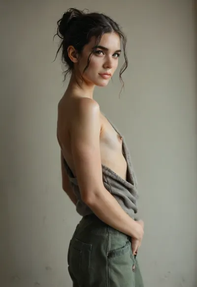 Female, 20 years old, ((presenting pubic Hair)), ((Your pubic hair is sticking out of the top of your pants)), very hairy pube, ((very slender body)), ((small tits)), ((flat chest)), areolas visible, ((nipples visible)), site view, (((side boob))), (Panam Palmer from Cyberpunk2077:1.1), Ultra-detailed, vibrant, and cheerful studio portrait of a young woman with a sweet, shy, and slightly playful smile, positioned centrally against a solid pink background. revealing a hint of her upper teeth, conveying both shyness and a touch of playful charm. Her gaze is directed straight into the camera, establishing an immediate, engaging connection.
Her face is distinctly oval-shaped, with soft, smooth contours, subtly rounded cheeks, and a gently defined chin. Her skin is notably fair and smooth, with a delicate, natural rosy flush on the apples of her cheeks, suggesting youth and vitality. Her eyes are expressive, a sparkling blue or blue-grey, appearing wide and clear. The eye shape is almond, with a gentle upward tilt at the outer corners. Her upper eyelids are clearly visible, adorned with very subtle, natural-looking light brown eyeshadow that barely defines the crease. Her eyebrows are medium in thickness, perfectly groomed, with a soft, natural arch, and colored in a soft blonde that beautifully complements her hair. Her nose is small, straight, and finely sculpted. Her lips are medium-full, displaying a soft, natural pink hue with a glossy finish, gently curved into her sweet smile.
Her hair is long, voluminous, and has a rich, warm light blonde or dirty blonde base color, enriched with delicate, sun-kissed lighter highlights that add depth and dimension, particularly visible in the waves. The hairstyle is a distinctive half-updo, featuring two prominent, high-set "space buns" or top knots positioned symmetrically on the crown of her head, giving a playful and youthful look. A few soft, loose strands delicately frame her face, enhancing its gentle contours.
She is wearing a cozy, oversized, chunky knit sweater in a vibrant yet soft light pink color. The sweater features a clear, intricate cable knit pattern across the body and sleeves, giving it a rich texture and warmth. The sleeves are noticeably long and baggy, extending far past her wrists and completely covering her hands. Her hands are clasped together at chest level, with the sweater fabric creating soft folds and gathers around them, emphasizing a shy or endearing gesture. Below the voluminous sweater, a glimpse of a lighter pink yogapants is visible. This yogapants appears to be made of a sheer or tulle fabric. Her body is positioned frontally to the camera, with a slight lean or gentle pose that emphasizes the coziness of her attire. The image quality is ultra-sharp, photorealistic, showcasing intricate details in her hair, skin, and sweater., zwuul, <lora:add-detail-xl:1.2>, <lora:BUT_SDXL_SHS:1>, <lora:MJ52:1.1>, <lora:DetailedEyes_V3:1>, <lora:zwuul-sdxl:.8>