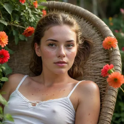 A beautiful English woman, lays asleep on her side on a round wicker chair, she is sideways in the picture frame, horizontal, facing the camera, in a beautiful cottage garden, dripping with bright flowers, thatched cottage in the background, all bathed in the warm golden hues of a breathtaking sunset, (perfect face:1.5), (perfect nose), wearing a red short sleevedT-shirt, fully clothed, gentle sunset light filter through the leaves, visible freckles, very freckleld. sun-kissed skin, looking at the camera. hair pulled back into a short, ponytail, slicked back hair. Very sweaty, the sunset makes her skin glimmer, suntan lines visible. Hollywood’A lister’ looks. Sun kissed face., hint of a smile, Detailed face and eyes., Extreme close up of her face, <lora:Midjourney Image Enhancer XL v1:1.5>, <lora:bralessSDXL_v1_00022:1>, <lora:lora-sdxl-perfect-eyes:2>