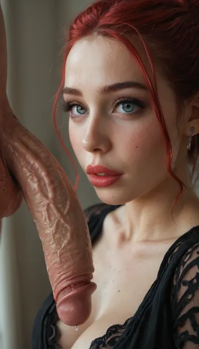 red head futanari and with big dick and big balls, thicker dick, 30 cm long dick, goth, bangs hairstyle, garter belt and ripped off stockings, open up clothes, slutty, hourglass body, horny face, attractive body, bdsm, please room, perfect skin, extremely beautiful face, ultra high details, hdr, veins on big cock, natural titts, highly detailed dick, barefoot, standing, toned body, vivid colors, detailed eyes, 35mm, close, up, hinaigirl, <lora:DetailedEyes_V3:1.4>, <lora:AdvancedEnhancerXLv2:1.3>, <lora:style_lora_realis:2>, <lora:MaybeBetterFaceInFullBodyLora_XL_rev3:.4>