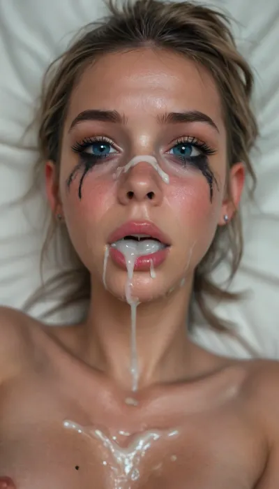 Cinematic still, (woman:1.2), ((45 years old)), ((milf)), big round silicon breasts, dark makeup, eyeliner, eyeshadow, mascara, long eyelashes, slim waist, nude, black stockings, black choker, long blond hair, striking facial features, (blue eyes), (exhausted:1.5), (satisfied:1.5), narrow face, sweaty skin, sweaty hair, silver jewelry, on bed in a bright bedroom, (lying on her back:1.5), head turned slightly to the side, (((looking directly to the viewer))), (cum on face:1.9), (mouth slightly open:.1), (cum overflow from mouth:1.7), (cum run down cheek:1.5), (mouth filled to the brim with cum:1.5), gargle with cum, (ruined makeup:1.2), (ruined hairstyle:1.5), (cum on tits:1.2), devot, view from above, 4k epic detail, shot on kodak, 35mm photo, sharp focus, high budget, cinemascope, moody, epic, film grain, grainy, score_9, score_8_up, score_7_up, rating, explicit, big_eyes, but, <lora:style_lora_realis:2>, <lora:BUT_SDXL_SHS:2>, <lora:SDXLHighDetail_v6-000005:2>