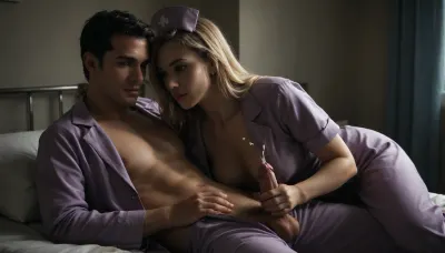 Careful blonde nurse stands seductively next to the patient's bed, long blonde hair, blue eyes, (((wears purple nurse's coat, purple nurse's coat pants:1.5)), nude man lies on the hospital bed, (jerks the man's penis:1.4), cuddling handjob, 1 boy, penis, masterpiece, best quality, very detailed, (penis is erect in hand:1.5), (ejaculation:1.5)), CUM, DONATION, ASSISTANCE, jerk off, flat-chested, SEX, HANDJOB, sunlight_str1, <lora:CUM DONATION ASSISTANCE:.8>, <lora:dark:.6>, <lora:sunlight_str1-SDXL_v1-dim64-steps1691:.8>