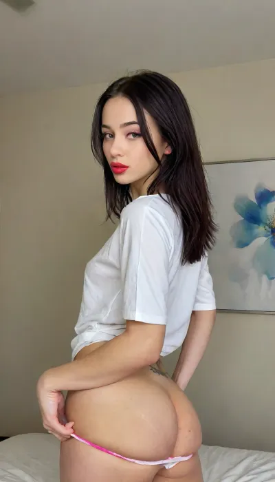 18 year old sexy skinny black hair, hot pink lipstick, wearing big loose white shirt, thong panties, <lora:MJ52:.9>, <lora:SDXL_BetterFaces-LoRA_v1:.8>