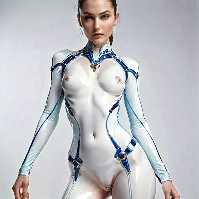 Photorealistic Echo from Overwatch 2, hyper-erotic adaptive omnic goddess, 5’10” impossibly lean, long, toned feminine silhouette sculpted for desire, sleek elongated neck flowing into sharp collarbones, razor-narrow waist cinching dramatically before flaring into high, rounded hips and thick sculpted thighs, full nude body of flawless glossy porcelain-white composite plating with wet-look ceramic sheen, mirror-like specular reflections gliding over every sensual curve, erect nipples proudly molded as stiff glossy peaks with subtle raised areola rings catching light like wet marble, hyper-realistic micro-pore texture at seams teasing touch, faint glistening stretch marks tracing inner thighs and under-breast arcs like erotic battle scars.
Thin glowing cyan-blue porcelain seams pulse rhythmically as if aroused, tracing explicit paths, down the sternum, circling each swollen nipple, plunging between toned abs to the smooth pelvic V, then snaking along inner thighs and the cleft of her ass, every line throbbing with wet glossy bloom and internal light, accentuating the taut, elongated musculature of her lean robotic form.
Seamless glossy porcelain-white face mask, translucent frosted edges revealing luminous circuitry beneath, large almond lenses glowing intense cyan with dilated pupils and orgasmic halo flares, gentle curvature parting into a subtle moan-like glow. Articulated torso panels flex open just enough to tease glowing blue internals pulsing like a heartbeat between her breasts.
Long, elegant limbs with segmented magnetic joints glide with liquid grace, overlapping glossy plates sliding over one another like silk over steel, ballerina hands with elongated fingers ending in glossy tips, palms glowing invitingly. Massive deployable wings of translucent energy membrane framed in glossy blue porcelain unfurl from her arched back, refracting light across her sweat-sheened curves.
Shiny blue porcelain thruster rings on shoulders, calves, and hip crests glow hot, casting erotic cyan rim light across glossy white skin, talon feet arched in pleasure, head fins flared, every surface dripping wet-look ceramic lustre, 32k erotic hyperrealism, perfect wet porcelain fidelity, throbbing caustics, volumetric god-rays licking every curve, CyborgCosplay, bwporcelaincd_xl, flat, chested, detailxl, <lora:CyborgCosplay_SDXL:1.6>, <lora:bwporcelaincd_xl-000007:2>, <lora:flat_chested_v3.5:1.1>, <lora:EnvyMechaGirlXL02:1.9>
