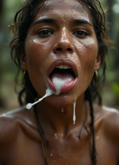 portrait of bust of Aboriginal woman from the Amazon rainforest, covered in thick white realistic cum, lose war. she is raping. Mouth half open, realistic cum in her mouth on her tongue. tongue on lip, eyes half closedwoman, cum, on, face, forced, humiliated, horror, realistic teeth, <lora:MJ52:.3>, <lora:BUT_SDXL_SHS:1.3>, <lora:add-detail-xl:.7>, <lora:CinematicStyle_v1:2>, <lora:JustCum:1.7>