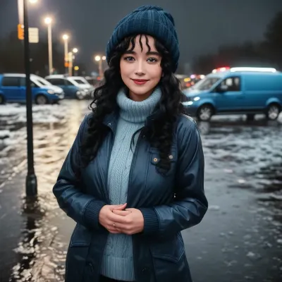 very beautiful german 40 years old woman, she wear a blue winterjacket, (((rainy night))), (black curly hair:1.2), (messy:.9), hair is long and totally wild, ((she is in front of a blue vw caddy at a parketplace)), UHD., best possible quality, God rays, (volumetric:1.1), (hair:1.1), is, (flowing:1.1), in the, (wind:1.1), shes got a subtle smile, wearing a blue winter jacket and wool wintercap. The scene is shot with, (Kodakportra800:1.1), (filmgrain:1.1), (Analogcamera:1.1), (85mm:1.1)