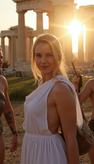 Sunset light, in Athena, before Parthenon, woman, blonde, near caryatide, wearing a Greek tunic, antiquity, with a spartan warrior