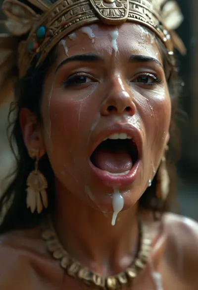 bust of 40 year old female ancient AZTEC Queen, MAYA face, covered in thick white realistic cum, lose war. she is raping. Mouth half open, realistic cum in her mouth on her tongue. tongue on lip, eyes half closedwoman, cum, on, face, forced, humiliated, horror, realistic teeth, <lora:MJ52:.3>, <lora:BUT_SDXL_SHS:1.3>, <lora:add-detail-xl:.7>, <lora:CinematicStyle_v1:2>, <lora:JustCum:1.7>