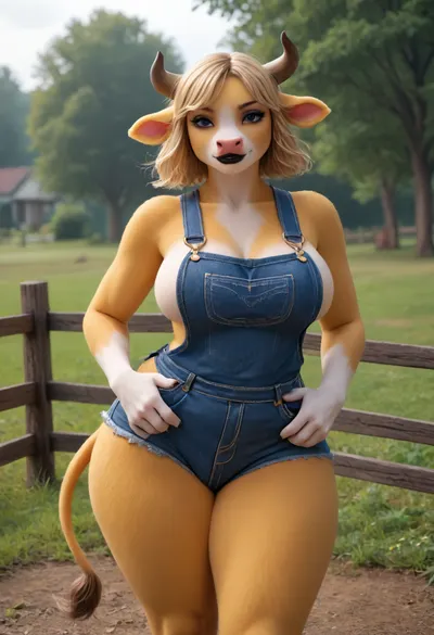 ((cow woman, Anthro, anthrofied, bovid, yellow fur:1.2)), outside, big ass, big breasts, big thighs, lean body, ((front view)), smirk, ((makeup, black lips)), (((furry art, anthro woman))), (overalls), <lora:add-detail-xl:1.8>