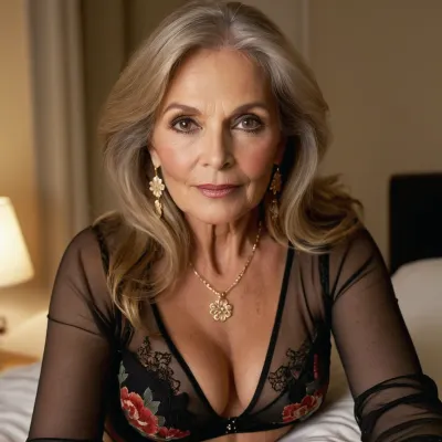 sexy granny mature, 65 years old, thin, dark blonde, long hair, glamour, necklace, hoop earrings, sexy looking black eyes, very smoked make up eyes, saggy small tits, sexy selfie, horny sexy selfie, picture from the top, very sexy long sleeve lingerie flowered black, tan skin, she is saying "please fuck me"
