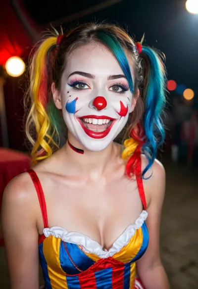 Circus arena, twin tails, sexy, beautiful sexy Clown girl, happy laughing, smooth pussy, raw, lighting, overexposed, harsh, flash, <lora:Rawfully Stylish v0.2_epoch_20:.8>, <lora:MJ52:.8>