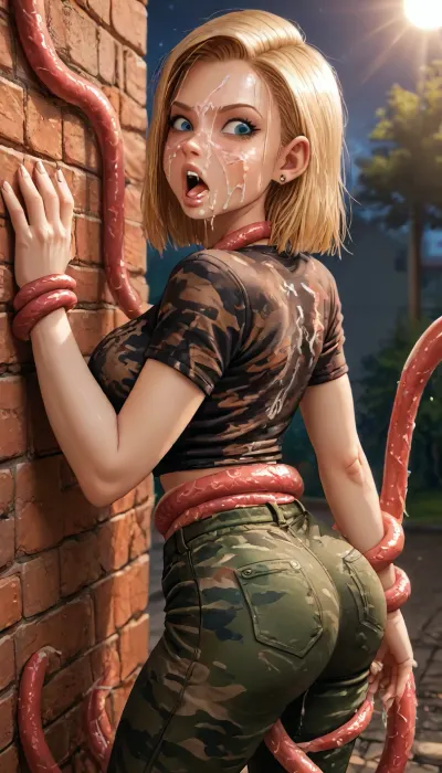 (Jack cayless art style), android18, (milf1:2), (Hot sexy female soldier latina:1.3), (((wearing skintight camouflage shirt, army pants, perfect booty))), Captive, restrained arms on her back legs outstretched by tentacles, (((in the park at night))), view from behind, phat curved ass, (((multiple tentacles around her body restraining her arms and waist))), (screaming loud:1.5), big curvy figure, lift leg slightly up on wall, hand on hip/butt, (blonde frizzy long hair:1.3), tentacle rips her top, pants torned to shreds, torture, captive, tan skin, tanned skin, vintage, extremely beautiful, perfect face and eyes, realistic eyes, focused eyes, perfect hands and fingers, (big boobs:1.4), ultra realistic, masterpiece, best quality, high definition, (((perfect display of tentacle attack))), ((Ultimate realistic photo)), (((dynamic sexy pose))), (((bright sunlight))), (pants shirt torned to shreds:1.5), tentacle gangbang, tentacle penetrate pussy violently, ((tentacle deepthroat:1.5)), tentacle inside her mouth, (cum face1:2), (tentacle sex), sysdeep_android18, <lora:PAseer-SDXL-AcceleratorLighting:.2>, <lora:Android 18 - [Dragonball] - SDXL Version 2:.8>