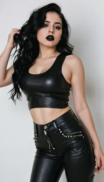 22 years old mexican-american woman, sensual pose, black hair, disgusting and very upset, square face, round breasts, white and pale skin, emo girl, black lips, black tank top, black leather pants, black eyeshadows, medium booty, round ass, long wavy hair, middle body view, white background, thin, marvellous body, narrow waist, highest quality, detailed skin texture, masterpiece, 4K
