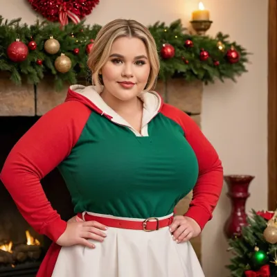 Hyperrealitc photograph of a cute obese 20yo European ssbbw posing in front of a fireplace, pushing bust forward, fat strong arms, (heavy ssbbw:1), sweet smile, arching backwards, wearing red and green Christmas turtleneck sweater, seductive flirting with viewer, ((fully clothed)), smiling Christmas decorations, Christmas tree, modern living room, ((huge floppy bust)), stone pattern wall, high chubby, cheekbones, small nose, lip gloss, chubby chin, plumper build, sagging bust, short inverted bob haircut, blonde hair, glamour makeup, blurred background, realistic skin, perfect lighting, professional photoshoot quality, head tilt back, shot from side, portrait, iPhone 14 pro portrait mode, sumirekoxl, brown, hair, eyes, mole, under, eye, thick, eyebrows, sidelocks, bun, single, short, black, shirt, green, hoodie, blue, apron, tank, top, shorts, navel, jacket, track, suit, pants, red, long, sleeves, white, collared, pink, neck, ribbon, school, uniform, skirt, belt, pinafore, dress, <lora:Sumireko_Ogawa-AnimgineV1:.8>, large, breasts, big, boobs, huge, tits, <lora:bombshell_v2:.8>