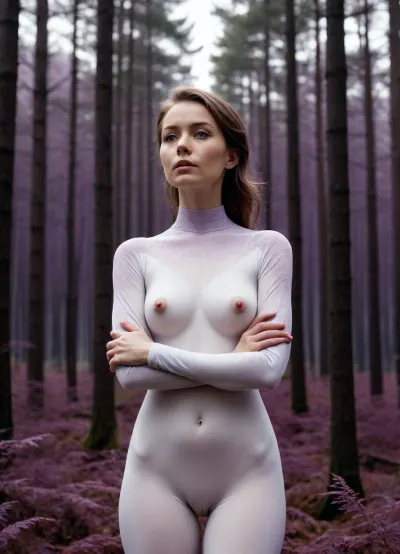 Nordic art Design, Bold Line Drawing. Perfct Woman, standing, arms crossed tightly over the chest, strong silhouette. Deep Forest purple line. Pure White background. Minimalist Aesthetic.