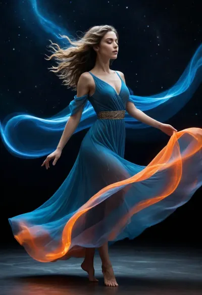 Fantasy art. illustration of a woman in a dance pose. She is in mid-air, with her arms stretched out to the sides and her legs bent at the knees. She is wearing a long, flowing dress with a low neckline. Her hair is styled in loose waves. The background is a dark blue night sky with stars twinkling in the distance. The image is made up of a series of lines that create a neon-like effect, giving it a futuristic and ethereal feel. The lines are bright and vibrant, creating a sense of movement and energy. energetic and dynamic mood. END, /#©KlTTY-ART/