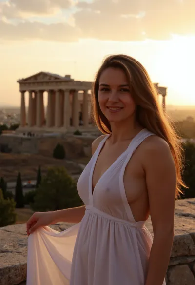 Sunset light, in Athena, Parthenon in background, greek woman, goddess, wearing a Greek tunic, antiquity, greek horsemen near pantheon greeting her