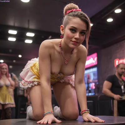 black wave hair, close up, (black color:1.3), hair up with hair accessory, (girl is wearing candydoll dress:1.3), (red color:1.3), (wearing candydoll necklaces outfit:1.3), (white color:1.3), (standing girl on doggystyle_way knees on top of a stripper_table and flashing white panty in the nightclub and looking at viewer:1.3), (side_way and flashing shaved pussy:1.3), (blue color:1.3), blushing, (middle viewer view:1.3), (freckles on face:1.3), (yellow color:1.3), ((4K 8K HD HQ DETAILED_face:1.3)), (bright colors:1.3), (one girl:1.3), (green color:1.3), (one_side_nipple out:1.3), (detail manicure:1.3), (wearing candydoll bracelets and necklaces outfit:1.3), ((4K 8k HD HQ DETAILS:1.3)), (wearing stocking opaque long up to middle legs socks:1.3), (sideway view:1.4), (solo:1.3), (SIDEpussy:1.3)