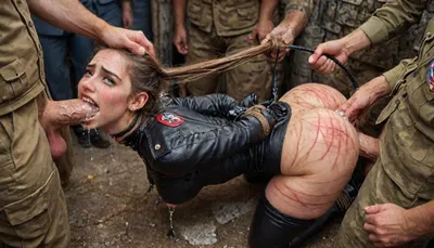 (RAW photo), 4K, best quality, realistic, photorealistic, masterpiece, extremely detailed, an extremely delicate and beautiful, dynamic, realistic anatomy, perfect shading, professional shading, depth of field, ((solo)), 19th century, 19 yo cute ginger girl, posing in palace, ((in like Soviet Military Uniform style nylon mini tight catsuit:1.4)), ((full body view)), ((view from side), (masterpiece, best quality, photorealistic, highres), (ultra realistic), (maximum quality), (high resolution), (extreme detail), (ultra realism), 3/4-body view from below, UHD, super high quality, super high resolution, extremely detailed, perfect eyes, (man is choking her from behind:1.4), ((hogtied, bound for sex, tied up)), (black eyes), (pale skin:1.3), cock in mouth, (brutal face fuck), Blowjob, (tears in eyes:1.5), (running makeup), (cum drips from nose:1.3), (cum drips from mouth:1.3), ultra hd, photorealistic, hyper gigantic large black cock in mouth, (((hyper gigantic large black cock in mouth:1.3))), oral cream pie, hair grab, sad, sad crying, tongue out, brutal face fuck, tears in eyes, running makeup, cum drips from nose, cum drips from mouth, one hand around her neck, choking her hard, strangling her, gasping for air, highly detailed, perfect lighting, natural lighting, holding head, deepthroat, black spiked pet collar with leash, tied up in chains, hands behind back, (anal:1.5), (masterpiece:1), hard nipples, shy, blushing, hourglass waistline, perfect anatomic body, ass up, anal spitroast, gagging on cock, (pulled nipples:1.2), nipple clamps, spitroast, cum explosion from mouth, cum explosion from nose, throat bulge, puffy cheeks, thick cum, holding her head with both hands, (((hyper large cock in mouth:1.3))), deep anal penetration, cum explosion, post orgasm, last orgasm, shot from below, Uber realistic, ultra detailed, masterpiece, arched back, detailxl, 35mm photograph, film, professional, 4k, 1girl, 5 boys, hdr, photographic, ultra realistic, ultra high details, back light, (dynamic pose), (dynamic angle), (random angle), (random pose), (dynamic view), (random view), best quality, with large muscular black men, gargantuan black cocks, anal sex expansion, ravenous hyper sex, large hyper muscular black men, interracial gangbang, (interracial sex), swollen black veiny cocks, (anal penetration)), (hands pulling hair hard, hair falling off:1.22), ((laughing insane, looking at viewer, big grin:1.5)), ((shows the V sign with his hands)), (extreme size difference:1.12), (eyes wide open in horror:1.44), (wide mouth spreader:1.18), (pleading expression:1.54), (terrified:1.58), (crying:1.98), (fear and panic:1.58), ((screaming in pain:1.46)), (huge dick:1.18), (whip marks:1.68), (whipped tits:1.67), magazine cover, <lora:LCMTurboMix_Euler_A_fix:2>, <lora:JuggerCineXL2:2>, <lora:Dark_Elf_Warrior:2>, <lora:Drow:2>, <lora:zavy-brbrn-sdxl:2>