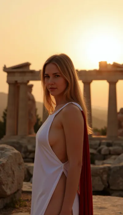 Sunset light, in Athena, before Parthenon, woman, blonde, near caryatide, wearing a Greek tunic, antiquity, spartan warrior