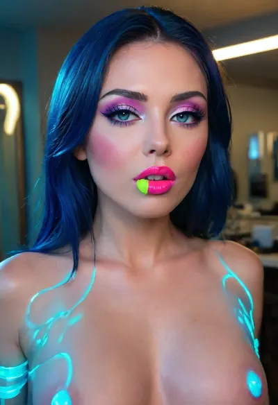 full-length photo
markgavatino art style, (Masterpiece), (ultra high definition), sexy robot with robot face, (hyper fully robotic girl), Beautiful, long dark BLUE hair, natural breasts, and white eyes., (((cyan shiny hyper glowing neon pussy lips))), (B3YOND_STYLE_MECHA), (hyper spread pussy, hyper gaping pussy), ((makeup:1.5), long blue eyelashes, olive eyeshadow with glitter), (lips:1.2), pink lipstick, seducing smirks. At the final stage, the cameraman finished on the woman's face makeup., makeup, eyeliner, eyelashes, <lora:Modern_MakeUp_XL_v0_1:2>, <lora:milkers_v2:.8>