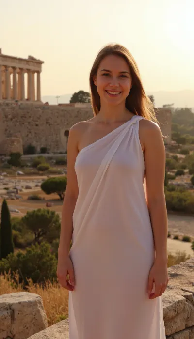 Sunset light, in Athena, Parthenon in background, greek woman, wearing a Greek tunic, antiquity, light smile, panoramic view