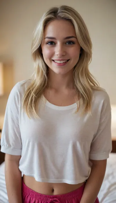 blonde college girl, 3/4 body, bedroom, smiling