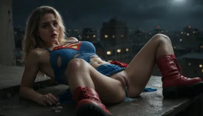 RAW image, Canon EOS R3, DSLR photo, 8k, best quality, (masterpiece:1.1), (realistic, photo-realistic:1.2), ultra high res, ((muscular), (fit and muscular)), backlight, (18 year old woman, blonde, beautiful), (wet hair), (submissive look), rain, ((rainy weather)), a dark raining city rooftop, ((rooftop)), (Supergirl has full costume+skirt up+one tit out), (ultra-thin material), (red platform boots), (contorted on back with legs spread on a dark Skyscraper roof), sprawled on back, shocked face, (body arched over broken and crushed metal rooftoop air-conditioner), (broken rooftop pieces laying around), (lying on top of wreckage), exhausted, (watery cum is flowing from the pussy:1.4), (magically glowing blue cum:1.2), rim light, jizzed, struggling, ((night, rain)), (torn clothes, revealing clothes:1.3), ((low color saturation:1.5)), <lora:BUT_SDXL_SHS:.6>, <lora:add-detail-xl:.6>, <lora:DetailedEyes_V3:.5>, <lora:dark:.3>