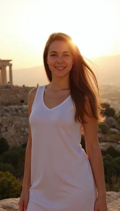 Sunset light, in Athena, Parthenon in background, greek woman, wearing a Greek tunic, wind, perfect composition, light smile, panoramic view