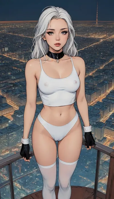 score_9, score_8_up, score_7_up, source_anime, (wide choker), (leather black micro skirt), (white crop top:1.5), black stockings with garters, standing, (makeup:1.5), (view from above:1.5), long white hair, (A detailed anime drawing with clean lines and meticulous shading, flat colors, line art, no gradients), realistic anatomy, night, moon, Moebius, detailed face, page, lineart, <lora:Moebius (Jean Giraud) Style:1>, <lora:outline_xl_kohaku_delta_spv5x:1.1>, <lora:lineartSDXL:.8>