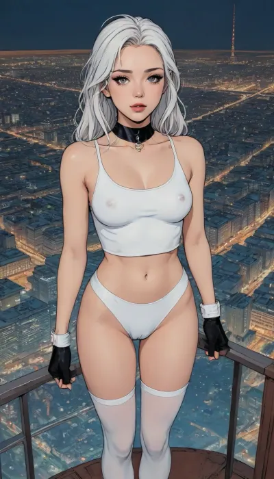 score_9, score_8_up, score_7_up, source_anime, (wide choker), (leather black micro skirt), (white crop top:1.5), black stockings with garters, standing, (makeup:1.5), (view from above:1.5), long white hair, (A detailed anime drawing with clean lines and meticulous shading, flat colors, line art, no gradients), realistic anatomy, night, moon, Moebius, detailed face, page, lineart, <lora:Moebius (Jean Giraud) Style:1>, <lora:outline_xl_kohaku_delta_spv5x:1.1>, <lora:lineartSDXL:.8>