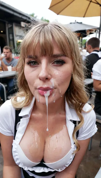 Amature 21 year old athletic barmaid, bangs wavy blonde hair, cleavage, shirt, apron, face covered in loads of semen, face glazed with cum from a lot of men, cum in hair, cum on the forehead, cum on the nose, cum on cheeks, cum on mouth, cum dripping off chin, in crowded cafe terrace, wide shot