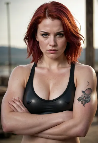 A strong large, red-haired chubby woman.The woman is wearing in a dirty multitran with traces of dirt and sperm, wet. The woman is wearing army pants dropped to the knees, rough boots, (brown eyes), .She has a very short haircut and wet straight hair, (burgundy-red hair color), hair wet with semen, (dirty streaks of dried sperm on her face), .She has a very freckled face and freckled body.Traces of violence on a woman's body.There is a only one tattoo, (picture of orca), on one of the woman's shoulders.She has wide lips, (Wide-lipped), . She is unkempt, dirty, and unattractive. She is very busty. The woman has very large, powerful, muscular shoulders and very strong, wide forearms. She is wearing a wristwatch with a round dial on one hand. She is large, healthy, strong, and powerful, (she has very strong, powerful, large shoulders and biceps), very powerful forearms.Very evil angry look at me.