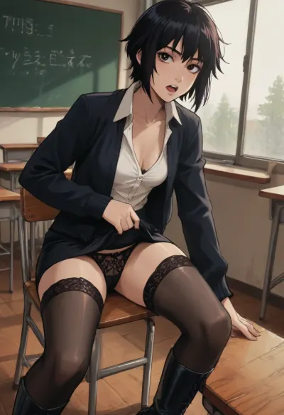 Score_9, score_8_up, score_7_up, reiq meets markgavatino art style, perfect fingers, official art, boyish, tomboy, 45 year old teacher in classroom, small breasts, brown eyes, black hair, teasing, flirty, open mouth, black cardigan, shirt, pencil skirt, stockings, black long boots, seductive, thick thighs, ultra detailed, high resolution, anatomically accurate, perfect face, perfect hourglass body, sitting on chair in classroom, lifting skirt to show lace panties while leaning forward to show cleavage, pubic hair, nip slip, cute, doodle, ratatatat74, <lora:cutedoodle_XL-000012:.8>, <lora:ratatatat74-000050:.8>, <lora:NEOTOKIOXL_0.2_RC:.8>, <lora:outline_xl_kohaku_delta_spv5x:.8>