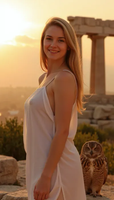 Sunset light, in Athena, near parthenon, Parthenon in background, greek woman, wearing a Greek tunic, wind, perfect composition, light smile, owl near woman