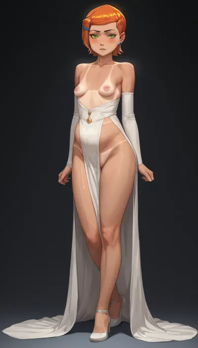 Full body shot, 50 year old woman, thin dress, chubby, wide hips, curvy, small floppy breasts, sagging breasts, deflated breasts, tan lines, brown hair, upturned nose, one leg raised, SaggySlimXL, uhang, yhang, gwen, tennyson, (/Ben10), /, (ultra, HD, quality, details), bright, orange, hair, short, (green, eyes), <lora:updated_saggy_slim:1>, <lora:clothed_small:.5>, <lora:Gwen Tennyson (Ben10) - XL SCXL V1.0:.8>