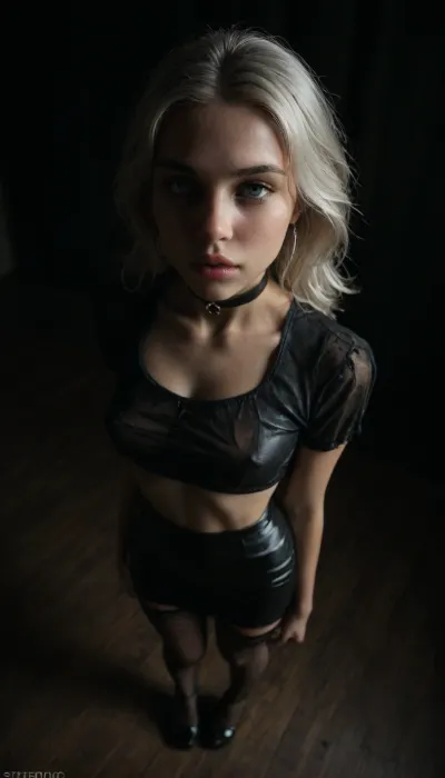 (score_7_up, score_8_up, score_9, 1girl, solo, masterpiece), cute face, (face close-up), ((standing)), deep cleavage, (overhead view, view from above:1.3), (skindentation:1.1), sultry, seductive, seducing, alluring, intimate, sexual, horny, ((long white hair)), (black leather micro skirt), 18yo girl, (athletic skin body), (narrow waist:1.4), ((hip gap)), insatiable, lustful, erotica, irresistible, ziprealism, white knotted blouse, erected nipples, black choker, platform high-heels, oiled skin, (black fishnet stockings with garters), (garters), (mouth wide open), ((blue_eyes)), (black background, chiaroscuro lighting:1), <lora:sunnyrayyxo_v1_SDXLBase:.4>, <lora:dark:.6>