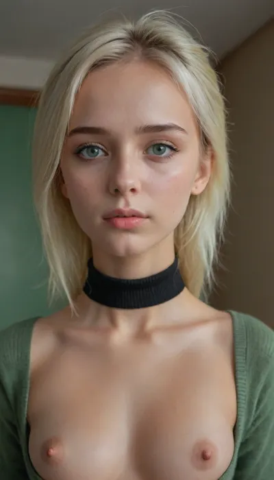 young russian woman in high resolution, black chocker, black socks, full body, standing nude, view from the top, 18 years old, green eyes, slim, petite, with bleach blonde hair, black highlights, (top), very detailed face and eyes, chest, trimmed, shaved, bellissima, 1girl, <lora:LesFemmesXL_v1.0:.8>, sweater_top, <lora:mao1_XL_reg1_:.8>, <lora:256210_training_data:.8>