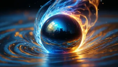 1, 4 d microscope macro zoom, many of in open space, orbit, (fire cube, fusion with wather sphere, swirl of energy, (blue waves, mirroring)), miracle, epic, glowing, (rainbow, white visible light), rainbow light gold, rainbow fire, rainbow air, rainbow earth