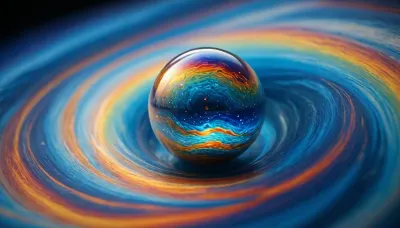 1, 4 d microscope macro zoom, many of in open space, orbit, (fire cube, fusion with wather sphere, swirl of energy, (blue waves, mirroring)), miracle, epic, glowing, (rainbow, white visible light), rainbow light gold, rainbow fire, rainbow air, rainbow earth