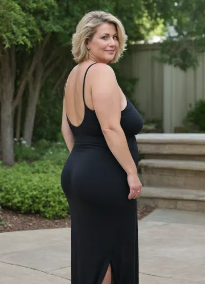 Full body shot, 50 year old woman, layered haircut, green eyes, black thin maxidress, obese, chubby, wide hips, curvy, small floppy breasts, sagging breasts, deflated breasts, tan lines, light blonde hair with highlights, upturned nose, SaggySlimXL, bottomheavy, big, ass, huge, gigantic, thick, thighs, massive, <lora:updated_saggy_slim:1>, <lora:clothed_small:.5>, <lora:bottomheavy_v1_sdxl_tags:.8>