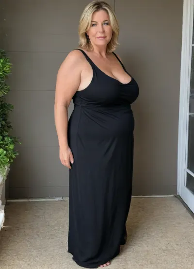 Full body shot, 50 year old woman, layered haircut, green eyes, black thin maxidress, obese, chubby, wide hips, curvy, small floppy breasts, sagging breasts, deflated breasts, tan lines, light blonde hair with highlights, upturned nose, SaggySlimXL, bottomheavy, big, ass, huge, gigantic, thick, thighs, massive, <lora:updated_saggy_slim:1>, <lora:clothed_small:.5>, <lora:bottomheavy_v1_sdxl_tags:.8>