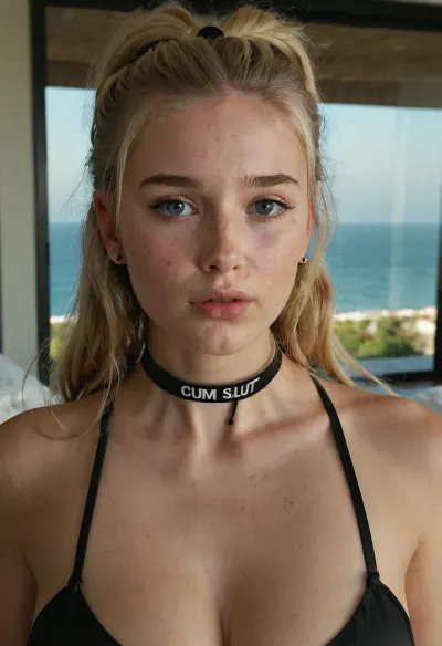 18yearold blonde cute woman, slim body, pale skin, ((black choker with the text “CUM SLUT” printed on it)), (cleavage), freckles, face expression, ashamed and shy, terrified of the viewer, eye contact, long wavy braided hair in a high ponytail with a pink black scrunchy, wide panicked eyes, blue eyes, bedroom, stud earrings, toned belly, camera focus closeup face and, location big whit chillout area in modern villa with big glass windows, background nice sunrise over calm sea, sunbeams on her body, covered, with, white liquid semen, bukkake, cumshot, <lora:HoneyCoveredXL_v1:1.9>, <lora:Olivia Casta V2_XL-000007:1.7>