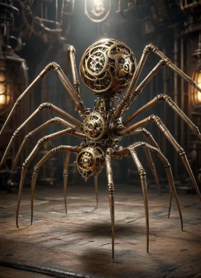 Harsh lighting. Full body rendering of an ominous looking mechanical spider adorned with a star of life. automaton charges forward, mid stride, mcs1, DonMSt34mPXL, steampunk, gears, <lora:multicolored-colorful-smoke-000008:1.6>, <lora:DonMSt34mPXL-000006:1.6>, <lora:steampunkXL:1>