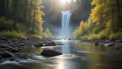 “A fully dreamlike, mystical scene representing the flow of inner transformation. There are no figures, only a luminous, pulsating stream of energy flowing through a surreal landscape. Light and shadow merge, chaos and calm intertwine, and colors shift dynamically like liquid auroras — golds, silvers, blues, and soft rainbow tones. The energy flows through reflective water, misty air, and subtly illuminated foliage, casting ethereal glows and soft ripples. The atmosphere is otherworldly, serene, and sacred, conveying unity, wholeness, and the eternal rhythm of life. The scene feels infinite, fluid, and immersive, like witnessing the essence of transformation itself.